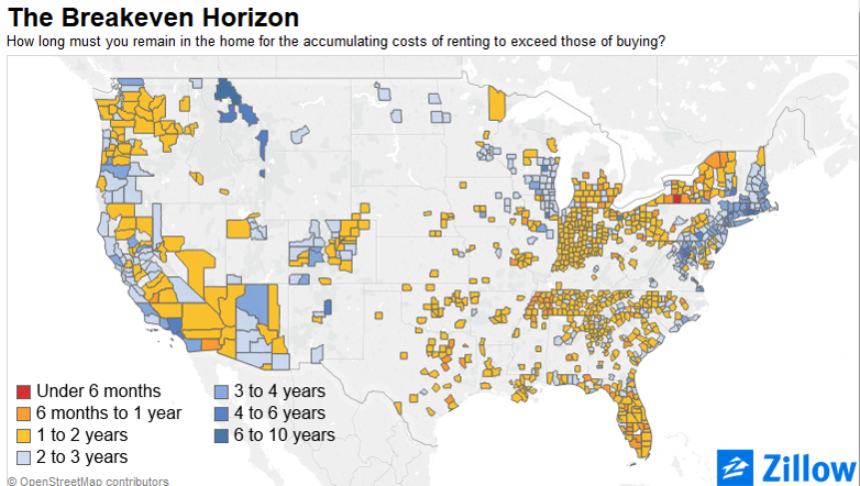 Zillow's interactive map where you can view the "break-even" point for renting vs. owning a home.